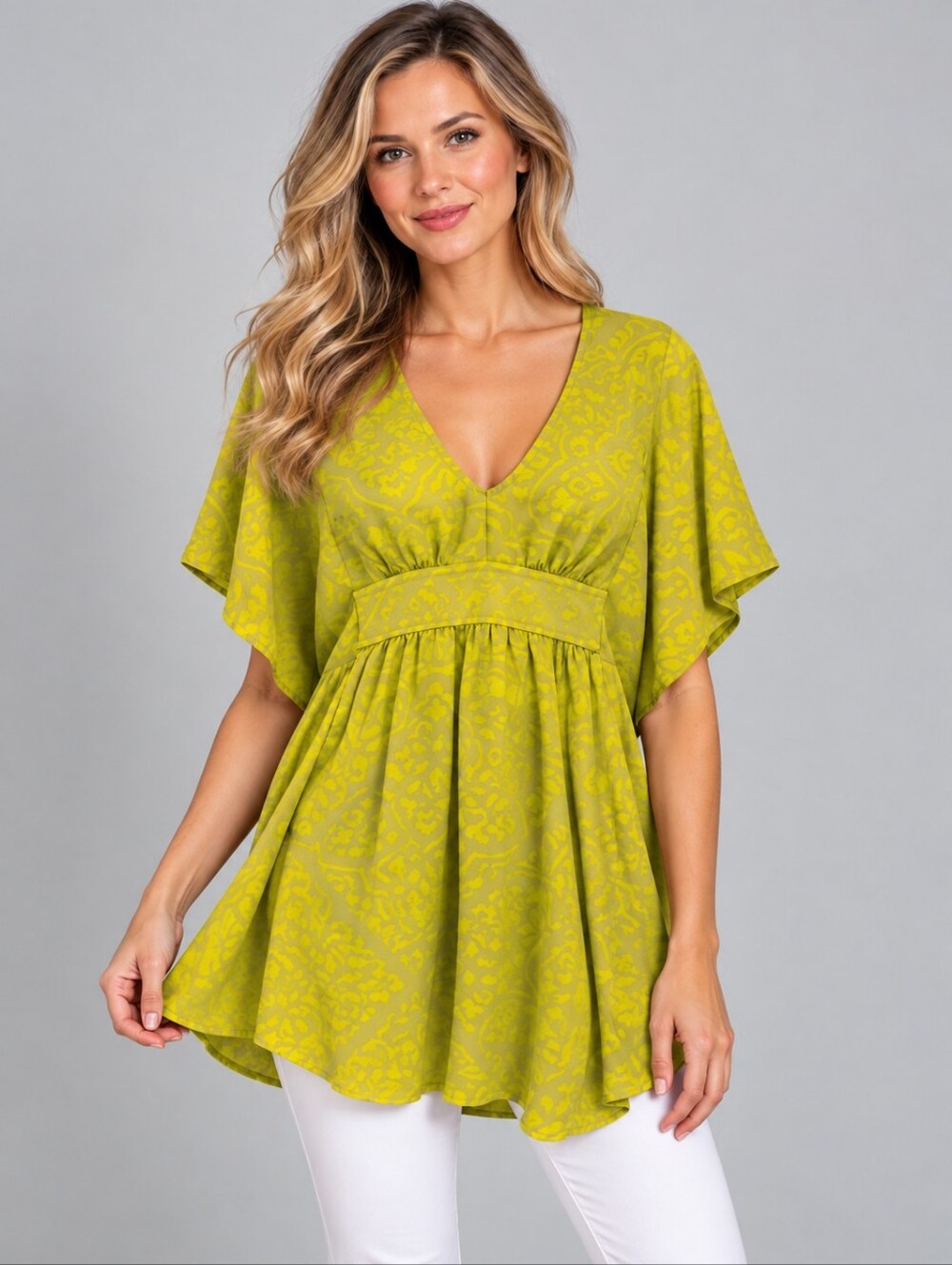 ALICE & TRIXIE Neon Damask Cascade Sleeve Boho Silk Tunic Festival Blouse